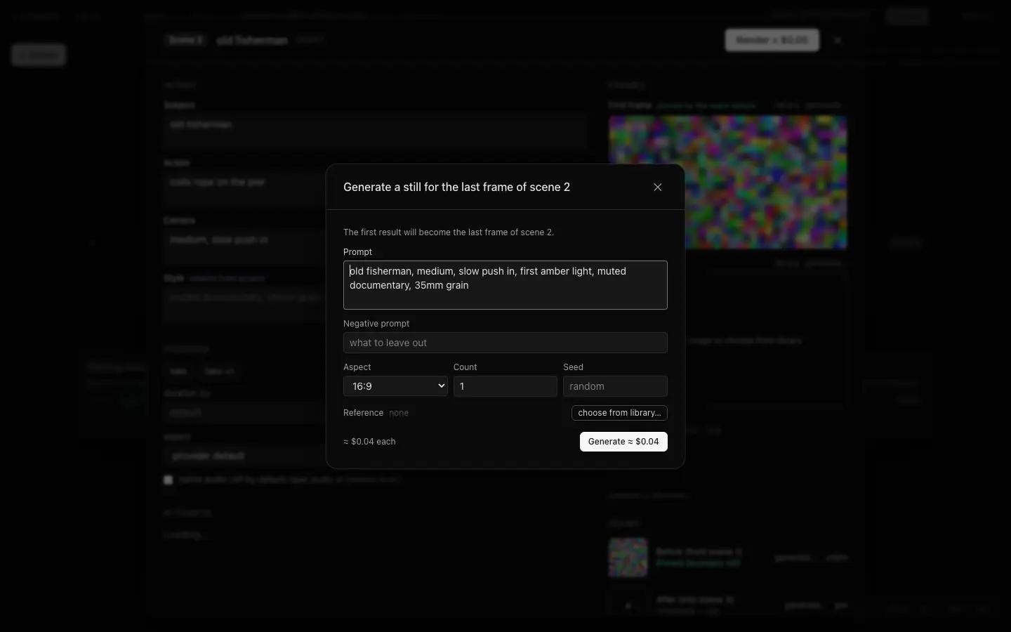 A dialog titled 'Generate a still for the last frame of scene 2' with a prompt field, negative prompt, aspect, count and seed controls, and a Generate button showing a per-image price.