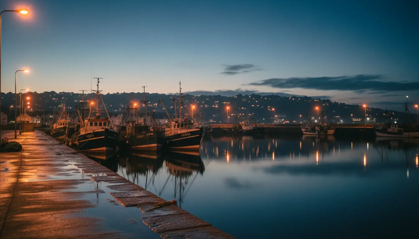 A generated still of a fishing harbour before dawn: silhouetted moored boats, a low horizon and an amber pre-dawn sky.