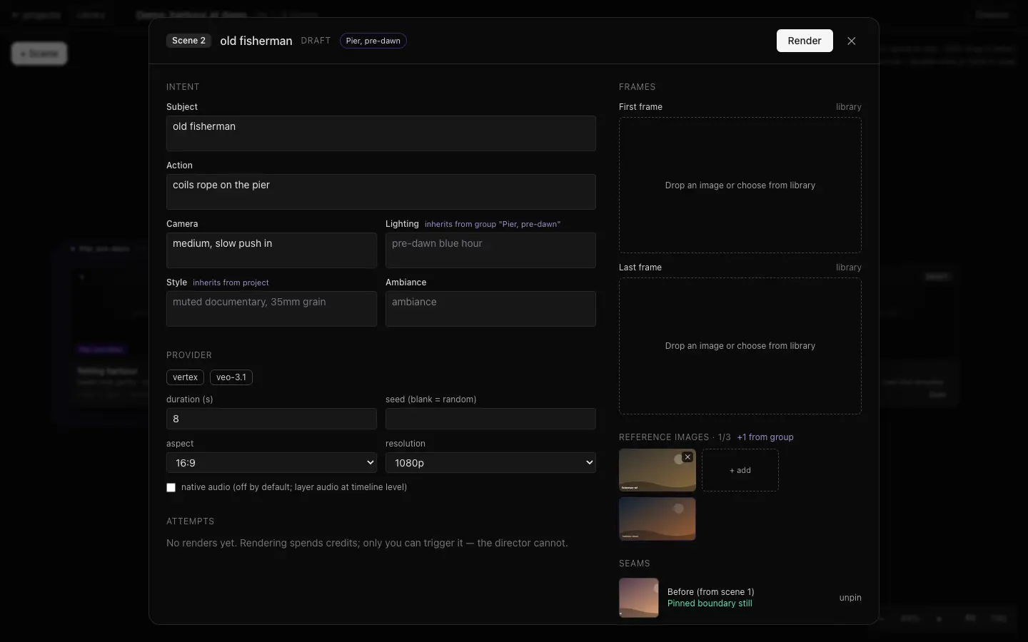 The shot editor for scene 2, showing structured intent fields, provider settings, a reference image tray, and a SEAMS panel with a thumbnail labelled 'Before (from scene 1) — Pinned boundary still'.