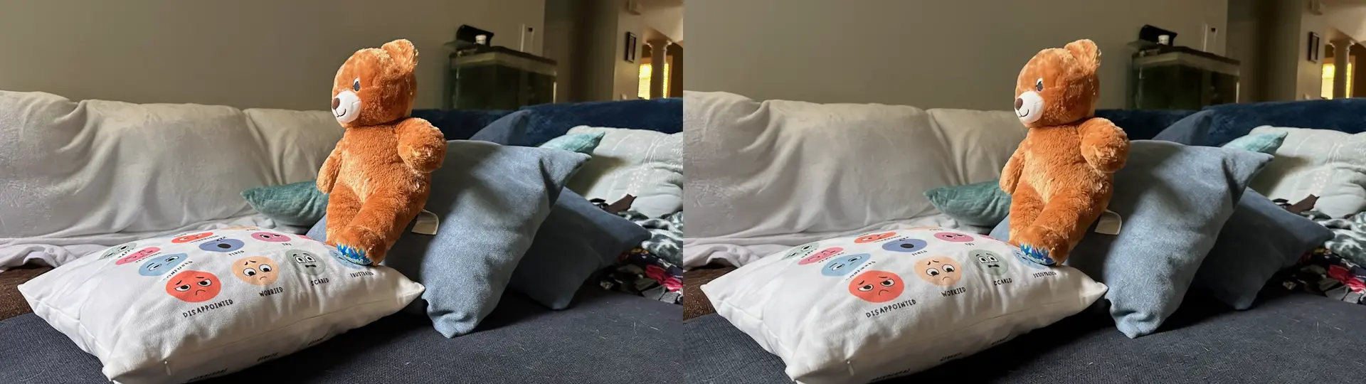 Two near-identical photographs side by side: a teddy bear perched on a pillow on a couch. On the left is the still authored and pinned to the seam; on the right is the last frame of the clip a model generated to land on it. No difference is visible.